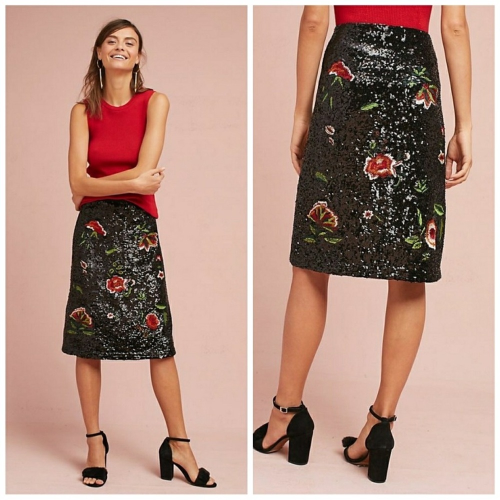 Anthropologie Maeve Black Floral Garden Glitz Sequins Skirt Size 6